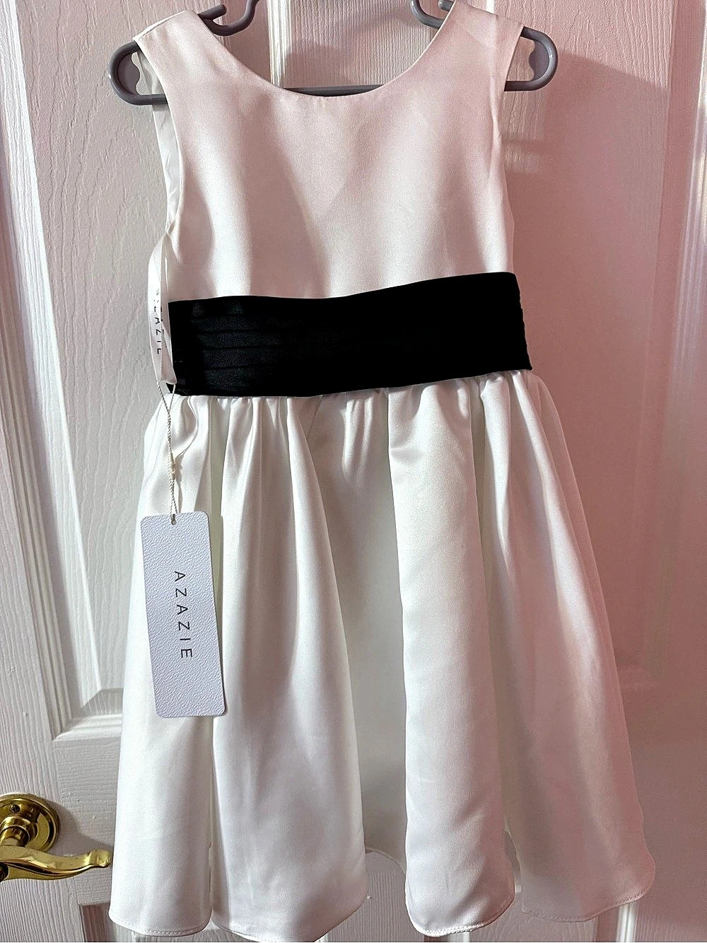 Azazie Sosie Flower Girl Size 4 Matte Satin Ivory Black Formal Dress NWT
